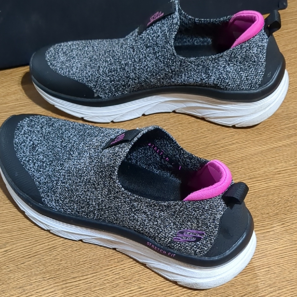 Skechers Gray and Pink Slip-On Sneakers with Knit Fabric